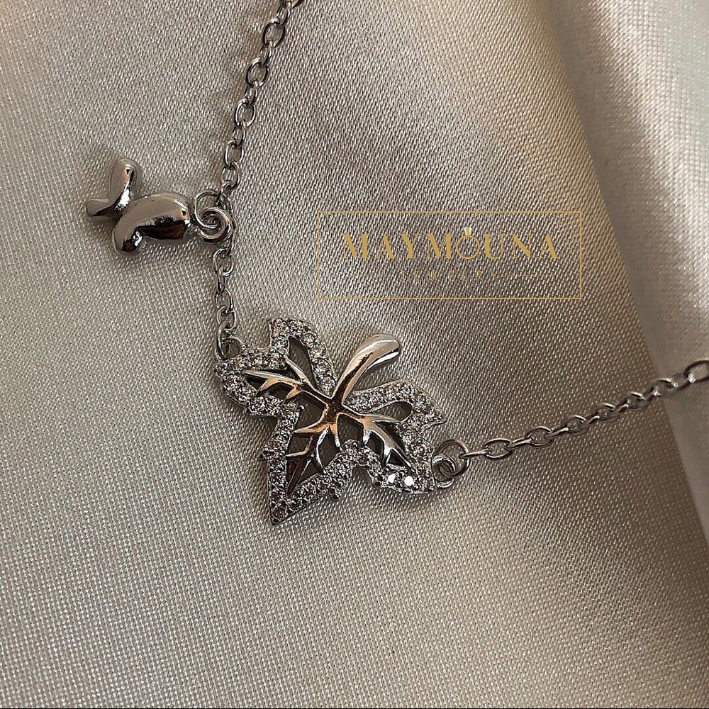 925 STERLING SILVER CZ MAPLE LEAF CHAIN BRACELET - Picture 3 of 9